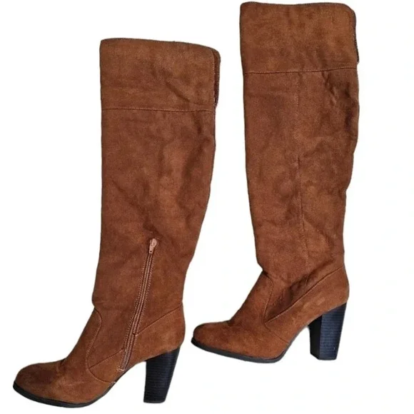 Bamboo Women’s 7 Knee High Brown Faux Suede Boots Boho Y2K Festival Heels - Picture 3 of 7